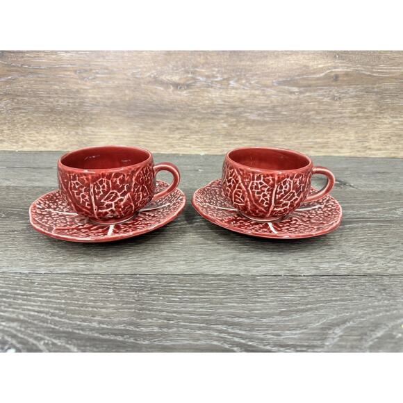 1950s Secla Majolica Portugal Secla Deep Red Cabbage Leaf Cup & Saucer Set Of 2 - Picture 1 of 11